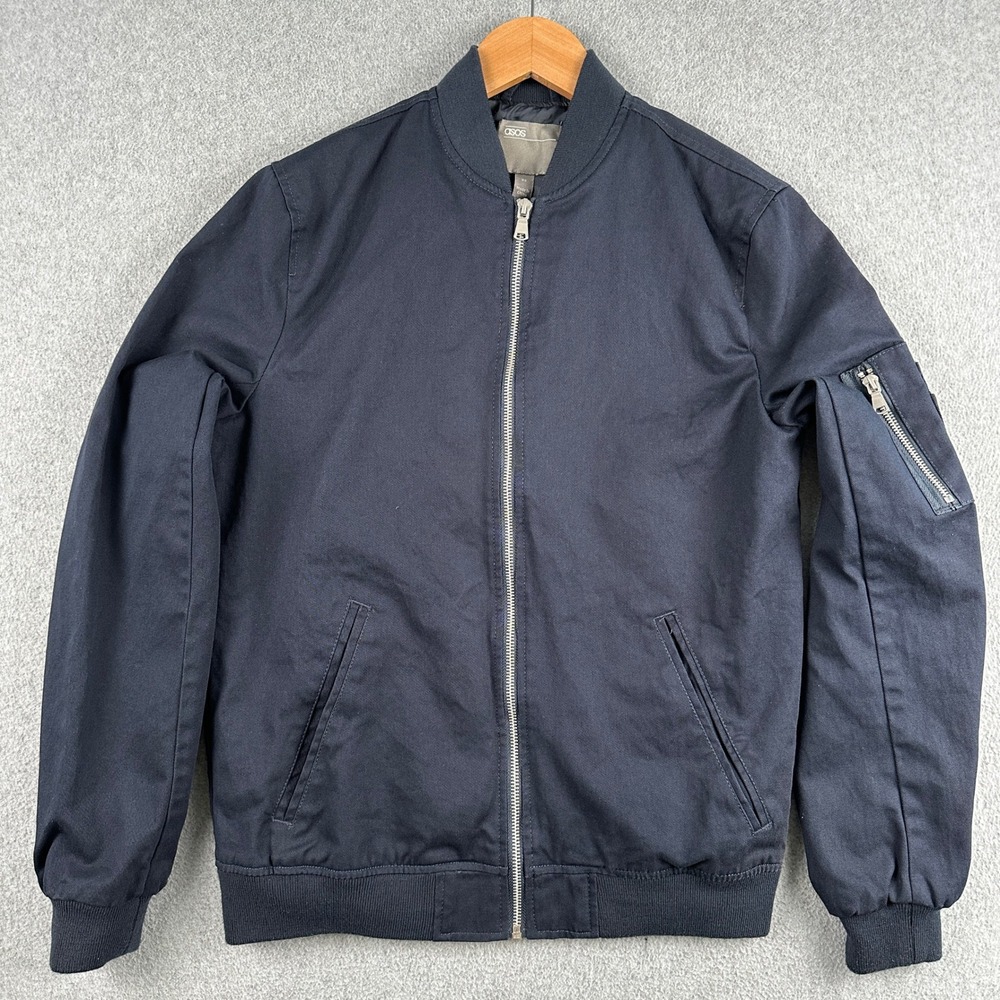 ASOS Bomber Jacket Mens XS Navy Blue Full‎ Zip Cotton MA-1 Style Utility Pocket